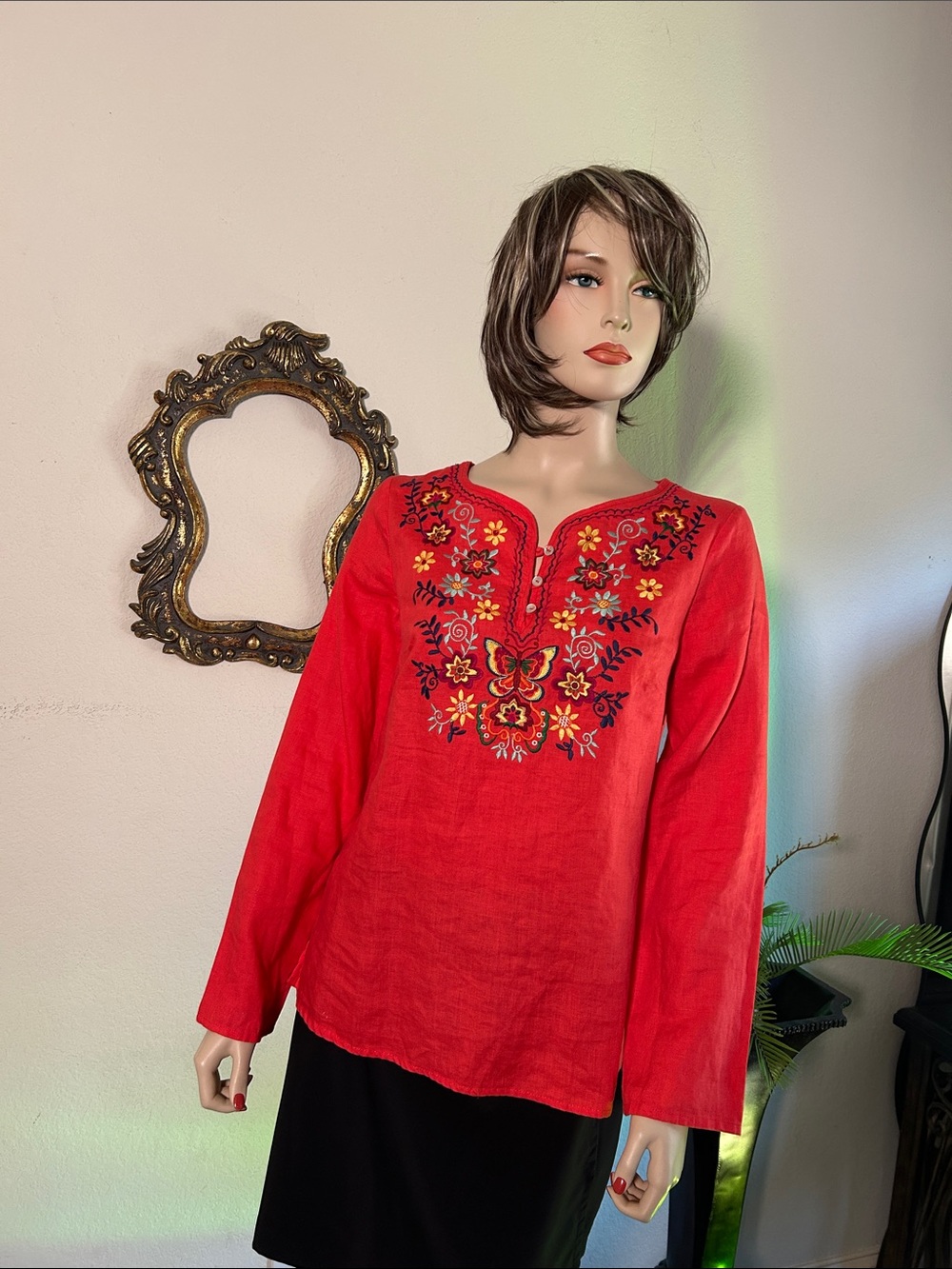 Embroidered Red Women's Tunic Blouse